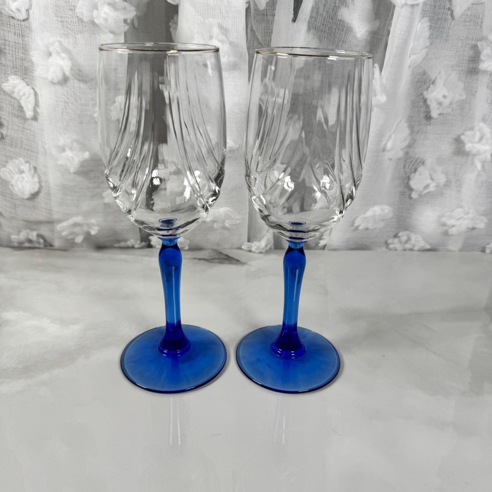 Lenox Swag Drape Cobalt Blue‎ Stem Wine Glass Goblet Set of 2 Gold Rim